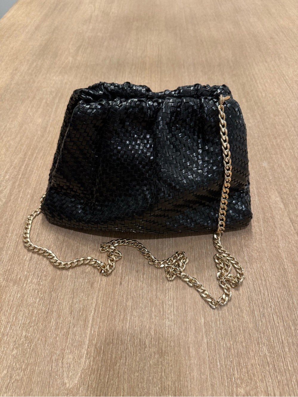 Anthropologie Black Woven Clutch with Gold Chain